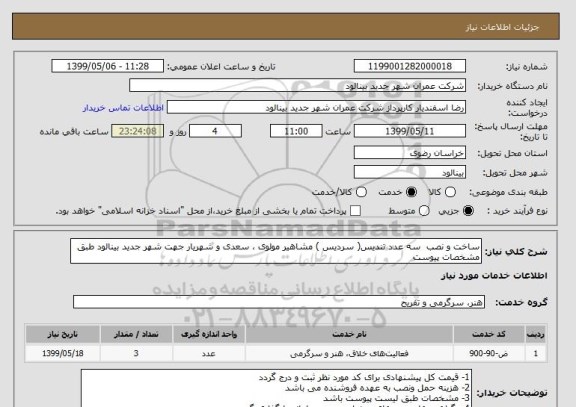 استعلام ساخت و نصب  سه عدد تندیس( سردیس ) مشاهیر مولوی ، سعدی و شهریار جهت شهر جدید بینالود طبق مشخصات پیوست 