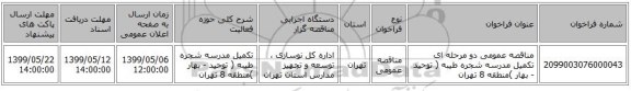 مناقصه عمومی دو مرحله ای تکمیل مدرسه شجره طیبه ( توحید - بهار )منطقه 8 تهران