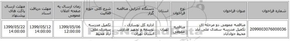 مناقصه عمومی دو مرحله ای تکمیل مدرسه سعدی علی آباد محیط جوادآباد