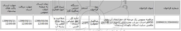 مناقصه عمومی یک مرحله ای خط انتقال آب بطول 6450و احداث دو باب مخزن بتنی ذخیره آب 100 متر مکعبی سایت اسکان بکهدان ارسنجان