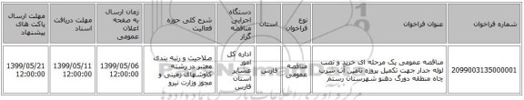 مناقصه عمومی یک مرحله ای خرید و نصب لوله جدار جهت تکمیل پروژه تامین آب شرب چاه منطقه دورگ دهنو شهرستان رستم