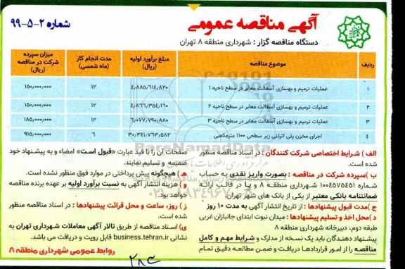 آگهی مناقصه عمومی ، مناقصه عملیات ترمیم و بهسازی آسفالت معابر ...