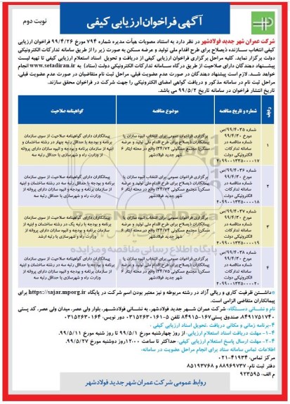 فراخوان ارزیابی کیفی, فراخوان ارزیابی کیفی انتخاب سازنده ذیصلاح برای طرح اقدام ملی تولید و عرضه مسکن