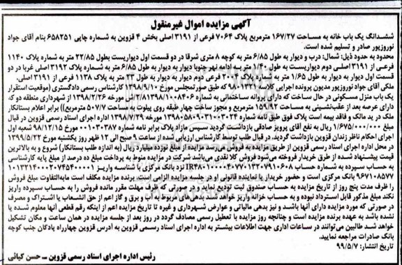 مزایده مزایده ششدانگ یک باب خانه 167.27 مترمربع