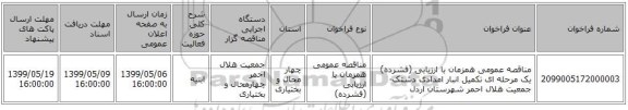 مناقصه عمومی همزمان با ارزیابی (فشرده) یک مرحله ای تکمیل انبار امدادی دشتک- جمعیت هلال احمر شهرستان اردل
