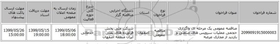 مناقصه عمومی یک مرحله ای واگذاری حجمی عملیات سرویس های صنعتی و بازدید از مجاری عرضه 