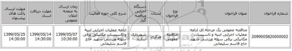 مناقصه عمومی یک مرحله ای ادامه عملیات اجرایی ابنیه و تاسیسات مکانیکی برقی سوله ورزشی شهید حاج قاسم سلیمانی