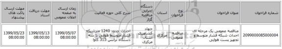 مناقصه عمومی یک مرحله ای احداث شبکه فشار متوسط و تجهیز پست هوایی