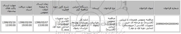 مناقصه عمومی همزمان با ارزیابی (فشرده) دو مرحله ای خرید تجهیزات کلاسی ( میزوصندلی ابتدایی دوره اول و دوم )