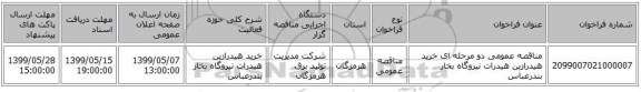 مناقصه عمومی دو مرحله ای خرید هیدرازین هیدرات نیروگاه بخار بندرعباس