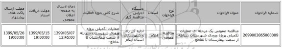 مناقصه عمومی یک مرحله ای عملیات تکمیلی پروژه ورودی شهرستان سرابله از سمت بیمارستان تا تقاطع