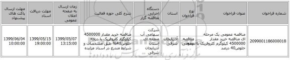 مناقصه عمومی یک مرحله ای مناقصه خرید مقدار 4500000 کیلوگرم کلروفریک با درجه خلوص40 درصد