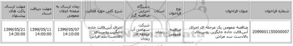 مناقصه عمومی یک مرحله ای اجرای آسـفالت جاده جایگزین روسـتای بالادست سد مراش