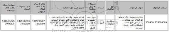 مناقصه عمومی یک مرحله ای انجام امورخدماتی و پشتیبانی طرح های تحقیقاتی تامین نیروی انسانی 