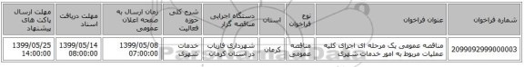 مناقصه عمومی یک مرحله ای اجرای کلیه عملیات مربوط به امور خدمات شهری