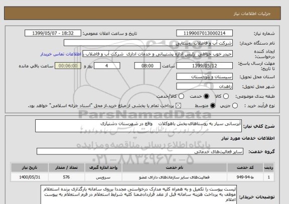 استعلام آبرسانی سیار به روستاهای بخش باهوکلات    واقع در شهرستان دشتیاری  
