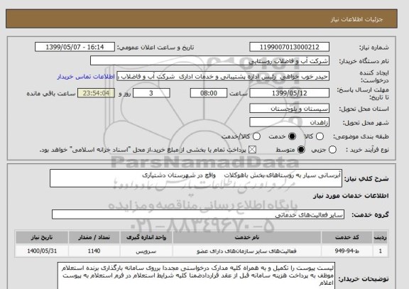استعلام آبرسانی سیار به روستاهای بخش باهوکلات    واقع در شهرستان دشتیاری