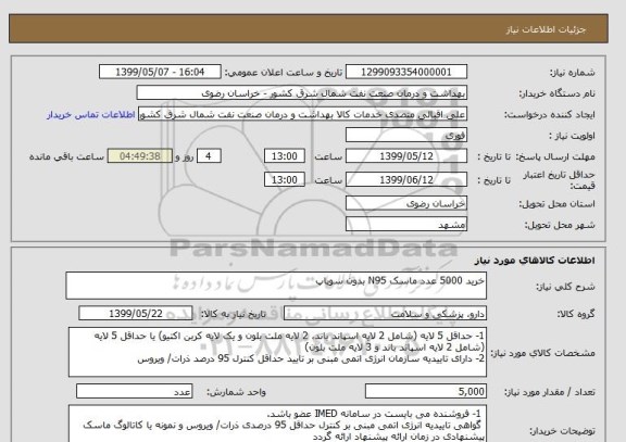 استعلام خرید 5000 عدد ماسک N95 بدون سوپاپ
