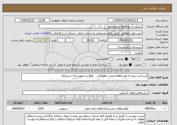 استعلام آبرسانی سیار به روستاهای بخش باهوکلات    واقع در شهرستان دشتیاری