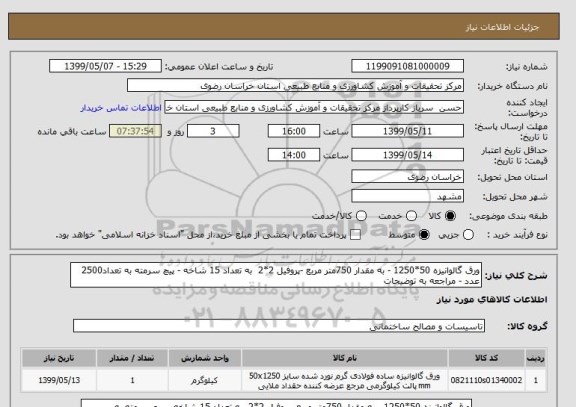 استعلام ورق گالوانیزه 50*1250 - به مقدار 750متر مربع -پروفیل 2*2  به تعداد 15 شاخه - پیچ سرمته به تعداد2500 عدد - مراجعه به توضیحات