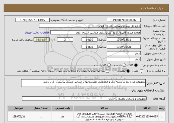 استعلام تجهیزات مورد نیاز در رشته برق و الکترونیک هنرستانها بر اساس لیست پیوستی  می باشد.