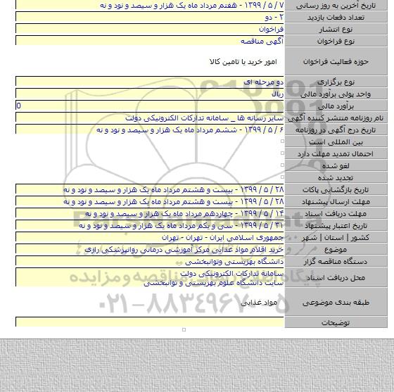 خرید اقلام مواد غذایی مرکز آموزشی درمانی روانپزشکی رازی