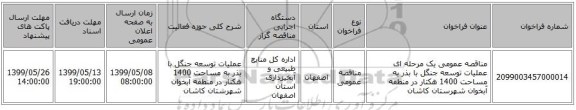 مناقصه عمومی یک مرحله ای عملیات توسعه جنگل با بذر به مساحت 1400 هکتار در منطقه آبخوان شهرستان کاشان