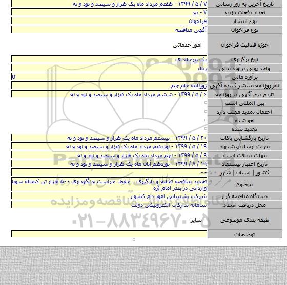 تجدید مناقصه تخلیه و بارگیری ، حفظ، حراست و نگهداری ۵۰۰ هزار تن کنجاله سویا وارداتی در بندر امام (ره