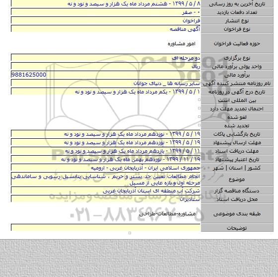 انجام مطالعات تعیین حد بستر و حریم ، شناسایی پتانسیل رسوبی و ساماندهی مرحله اول و بازه عایی از مسیل