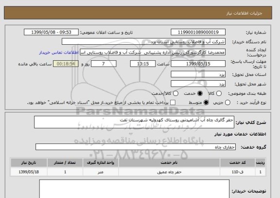 استعلام حفر گالری چاه آب آشامیدنی روستای کهدوئیه شهرستان تفت  