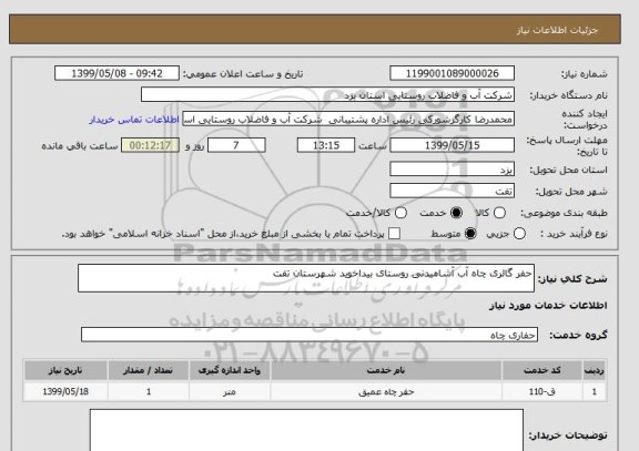 استعلام حفر گالری چاه آب آشامیدنی روستای بیداخوید شهرستان تفت  