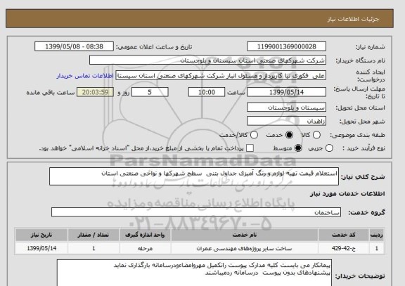 استعلام استعلام قیمت تهیه لوازم و رنگ آمیزی جداول بتنی  سطح شهرکها و نواحی صنعتی استان