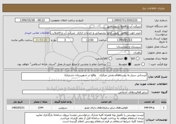 استعلام آبرسانی سیار به روستاهای بخش مرکزی    واقع در شهرستان دشتیاری  