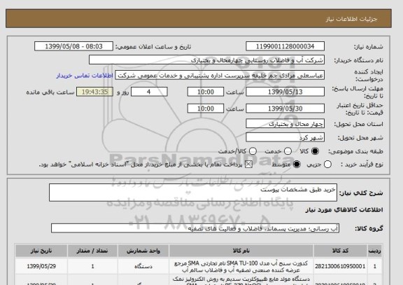 استعلام خرید طبق مشخصات پیوست