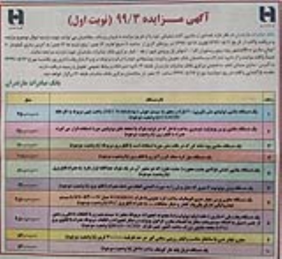 آگهی مزایده, مزایده فروش تعدادی از ماشین آلات تملیکی