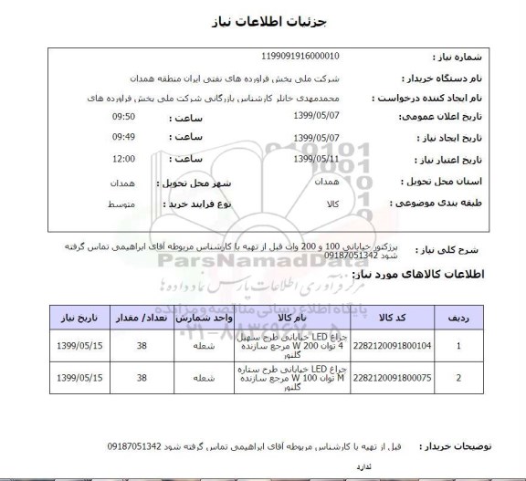 استعلام، استعلام پرژکتور خیابانی 100 و 200 وات