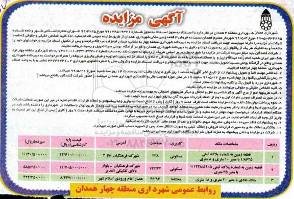 آگهی مزایده مزایده فروش 3 قطعه زمین ملکی مسکونی و مختلط