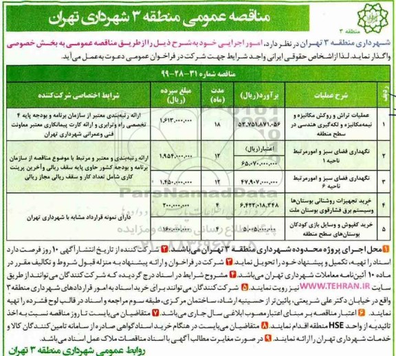 مناقصه عملیات تراش و روکش مکانیزه و نیمه مکانیزه...
