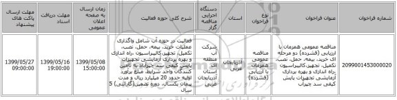 مناقصه عمومی همزمان با ارزیابی (فشرده) دو مرحله ای خرید، بیمه، حمل، نصب، تکمیل، تجهیز،کالیبراسیون ،راه اندازی و بهره برداری آزمایشی تجهیزات پایش کیفی سد چپرآب
