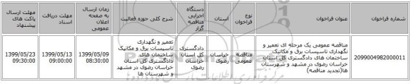 مناقصه عمومی یک مرحله ای تعمیر و نگهداری تاسیسات برق و مکانیک ساختمان های دادگستری کل استان خراسان رضوی در مشهد و شهرستان ها(تجدید مناقصه)