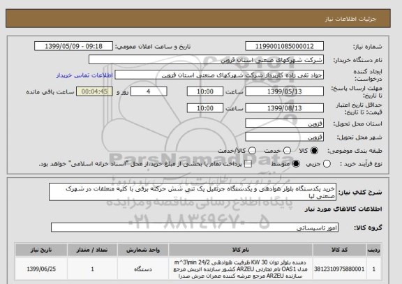 استعلام خرید یکدستگاه بلوئر هوادهی و یکدستگاه جرثقیل یک تنی شش حرکته برقی با کلیه متعلقات در شهرک صنعتی لیا