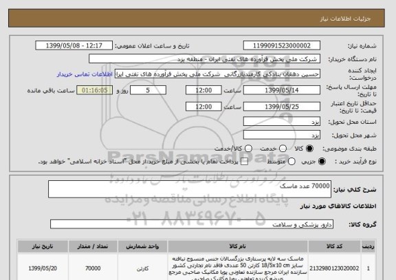 استعلام 70000 عدد ماسک 