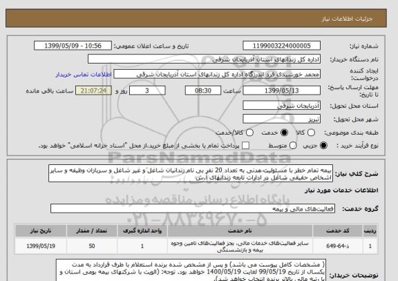 استعلام بیمه تمام خطر با مسئولیت مدنی به تعداد 20 نفر بی نام زندانیان شاغل و غیر شاغل و سربازان وظیفه و سایر اشخاص حقیقی شاغل در ادارات تابعه زندانهای آ.ش