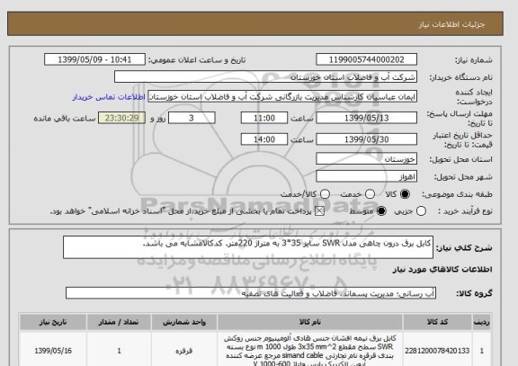 استعلام کابل برق درون چاهی مدل SWR سایز 35*3 به متراژ 220متر. کدکالامشابه می باشد.