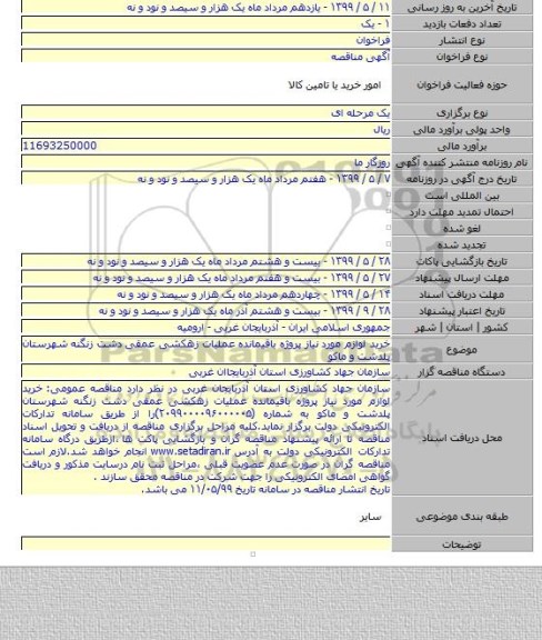 خرید لوازم مورد نیاز پروژه باقیمانده عملیات زهکشی عمقی دشت زنگنه شهرستان پلدشت و ماکو