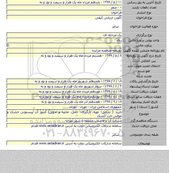 خرید ( شامل: تهیه،  بارگیری، حمل، تخلیه و تحویل) کنتور آب پیستونی خشک و مولتی جت خشک