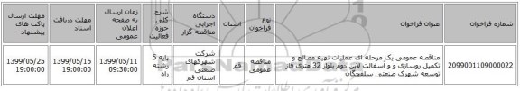 مناقصه عمومی یک مرحله ای عملیات تهیه مصالح و تکمیل روسازی و و آسفالت لاین دوم بلوار 32 متری فاز توسعه شهرک صنعتی سلفچگان
