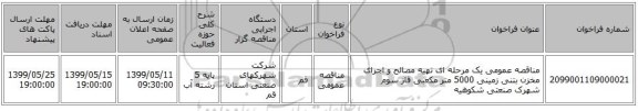 مناقصه عمومی یک مرحله ای تهیه مصالح و اجرای مخزن بتنی زمینی 5000 متر مکعبی فاز سوم شهرک صنعتی شکوهیه