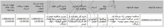 مناقصه عمومی یک مرحله ای تجدید مناقصه تعمیر و ارتقا ایمنی نرده پلهای محور ارومیه - خوی - بازرگان