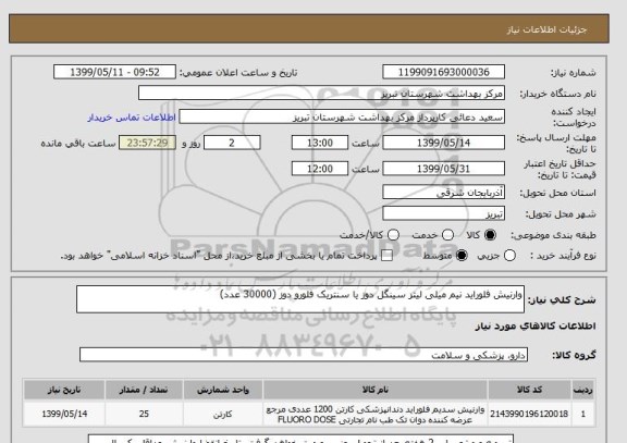 استعلام وارنیش فلوراید نیم میلی لیتر سینگل دوز یا سنتریک فلورو دوز (30000 عدد)
